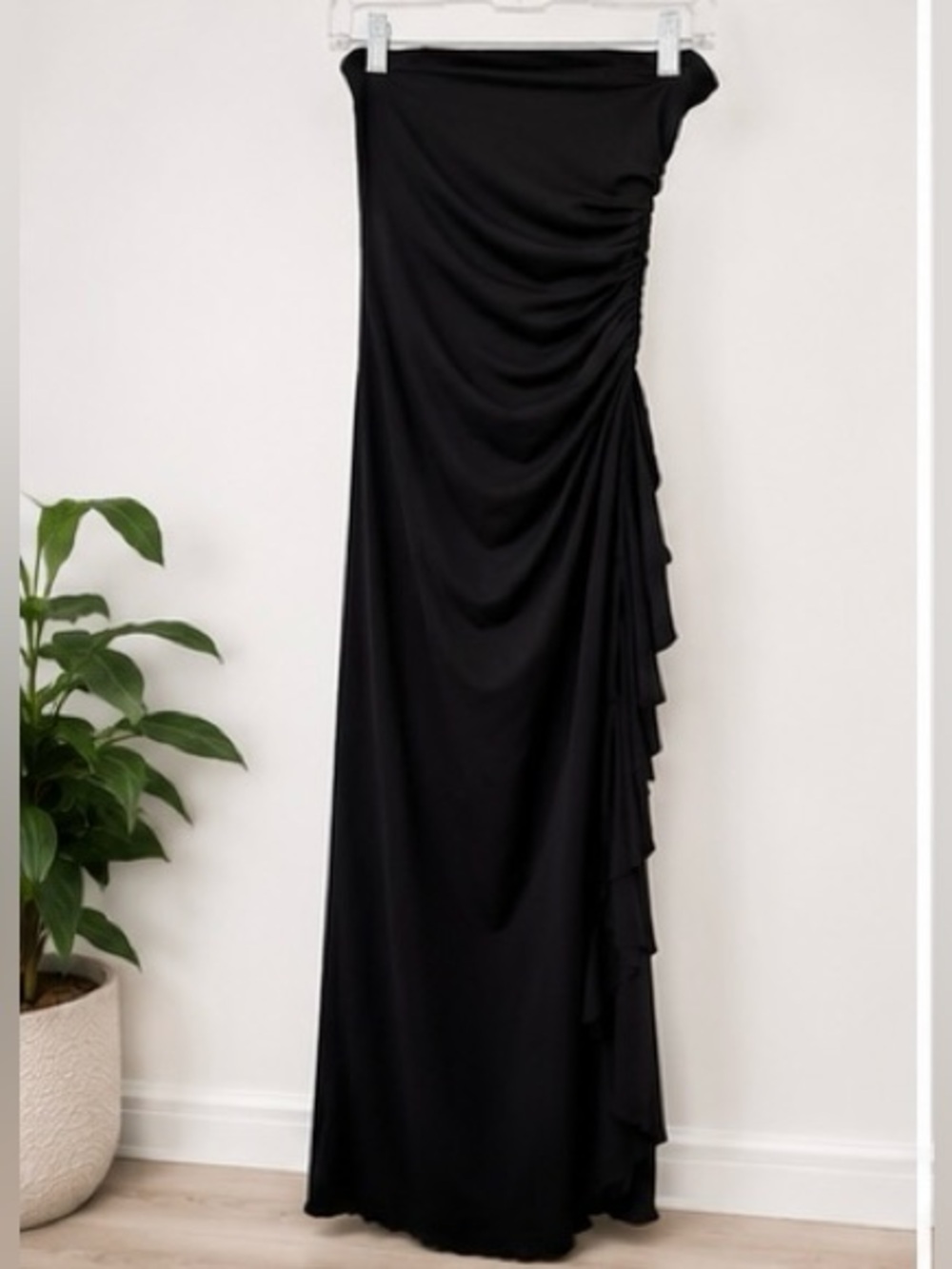 Vintage Y2K City Triangles Black Strapless Ruched Ruffle Maxi Dress Small